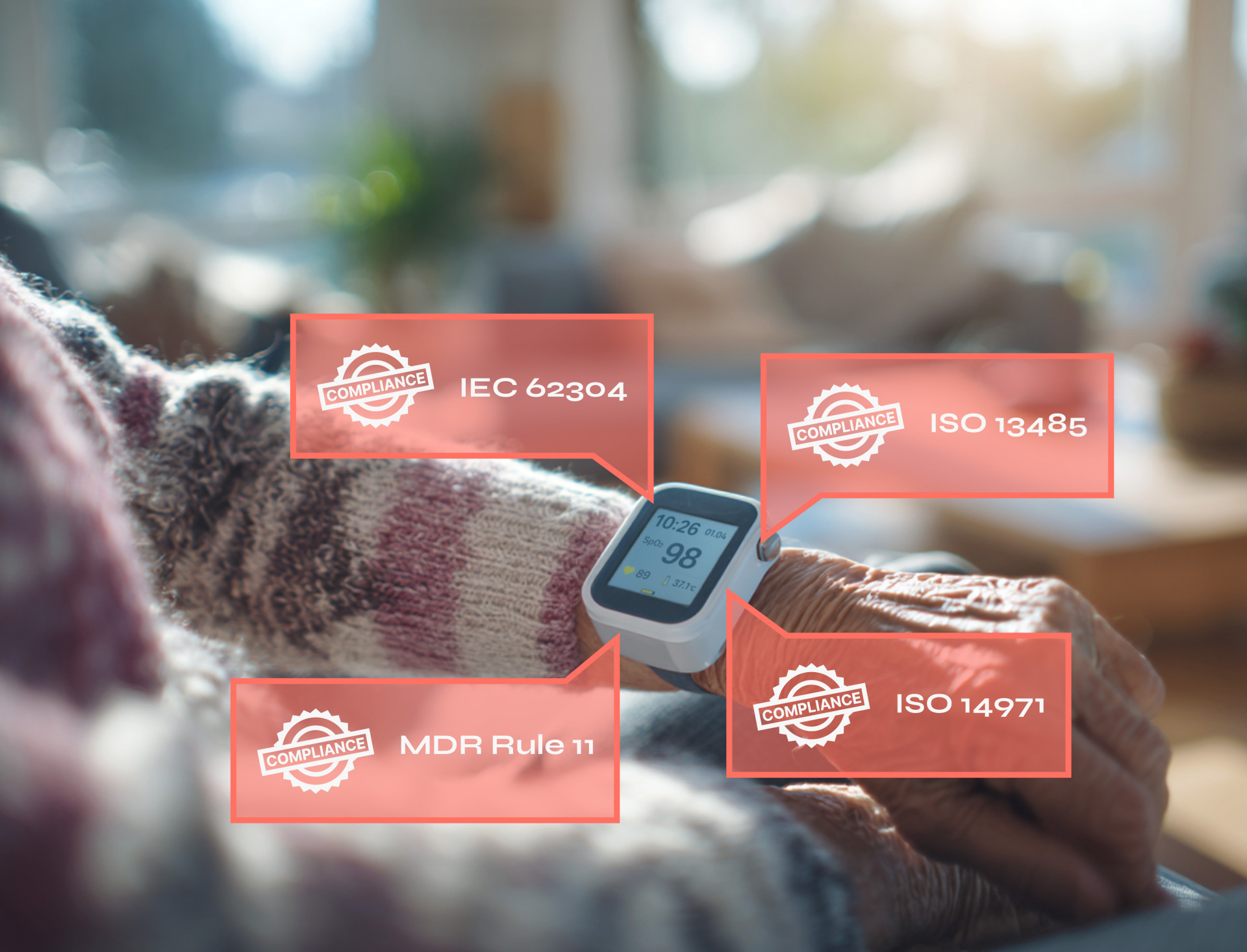 "Wearable medical device displaying vital signs with compliance callouts illustrates the intersection of regulatory demands and innovation in software development for medical devices"