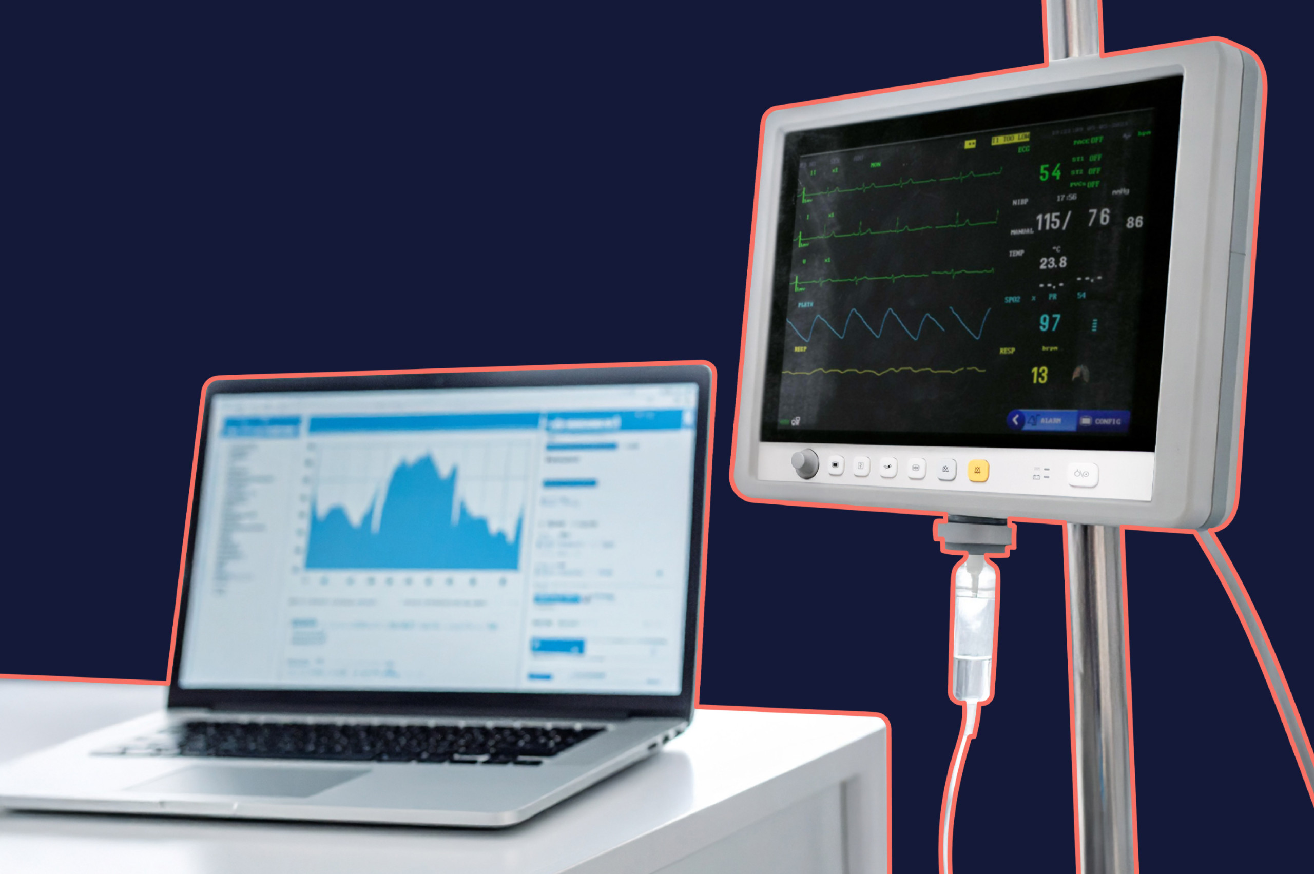 "Connected medical devices transmitting real-time patient data to clinical software highlight the role of advanced software development for medical devices in enabling seamless monitoring and analysis"